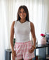Women Summer Pajama set Off White Top + Pink X White Plaid With Light Blue Line Shorts
